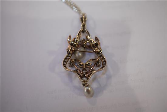 A Victorian style gold, diamond and baroque pearl drop pendant/brooch pendant 2.25in.